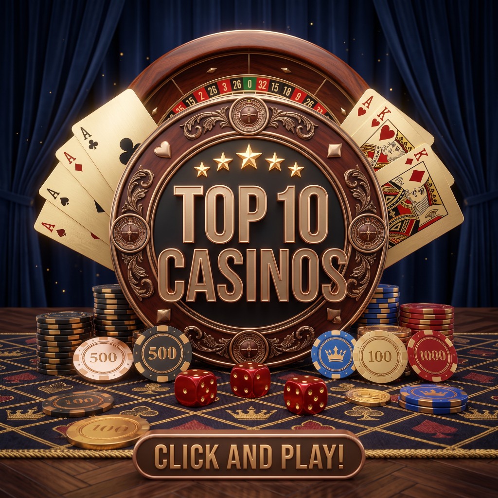 Gold lettering, cards, chips and dice on a blue casino table